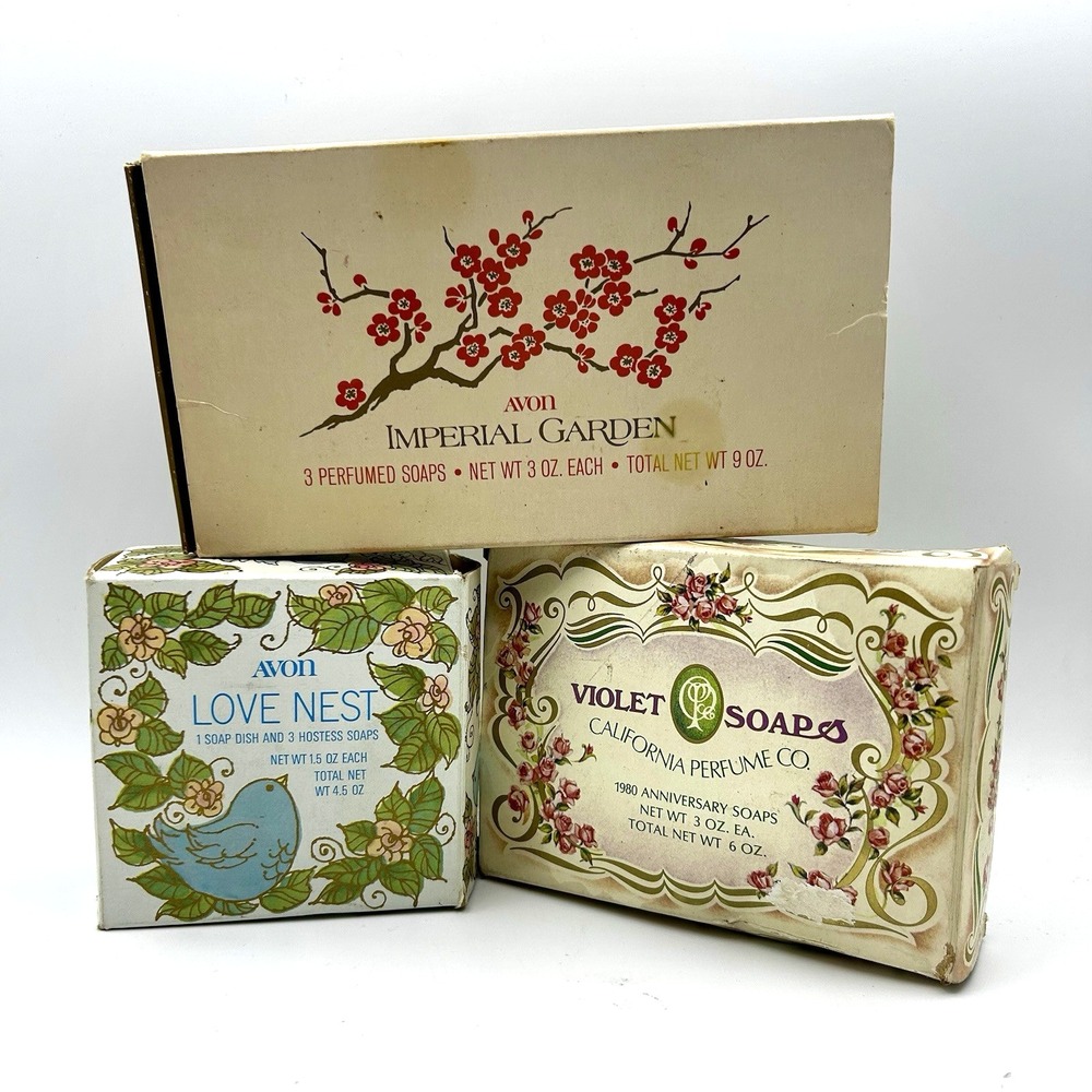 3 Vtg Avon Soap Sets Love Nest Imperial Garden Violet California Retro 1980 NOS